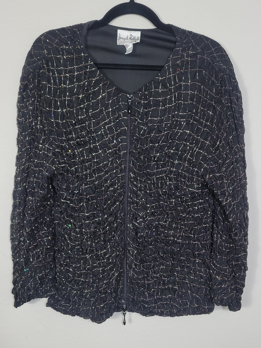 Vintage Joseph Ribkoff Trends Veston Jacket Size 16 Black Silver Artsy Statement